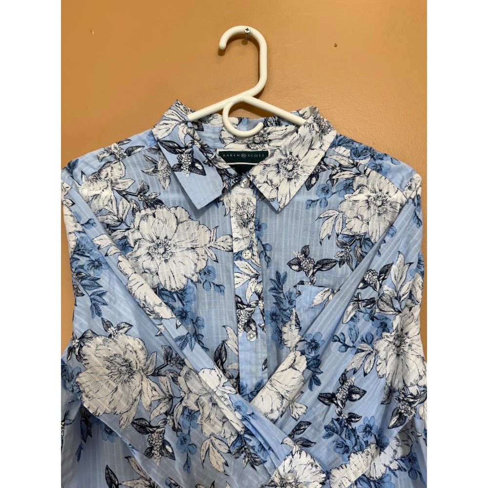 Karen Scott Mens Blue White Floral Cotton‎ Button Down Shirt Large Long Sleeve - Picture 3 of 5